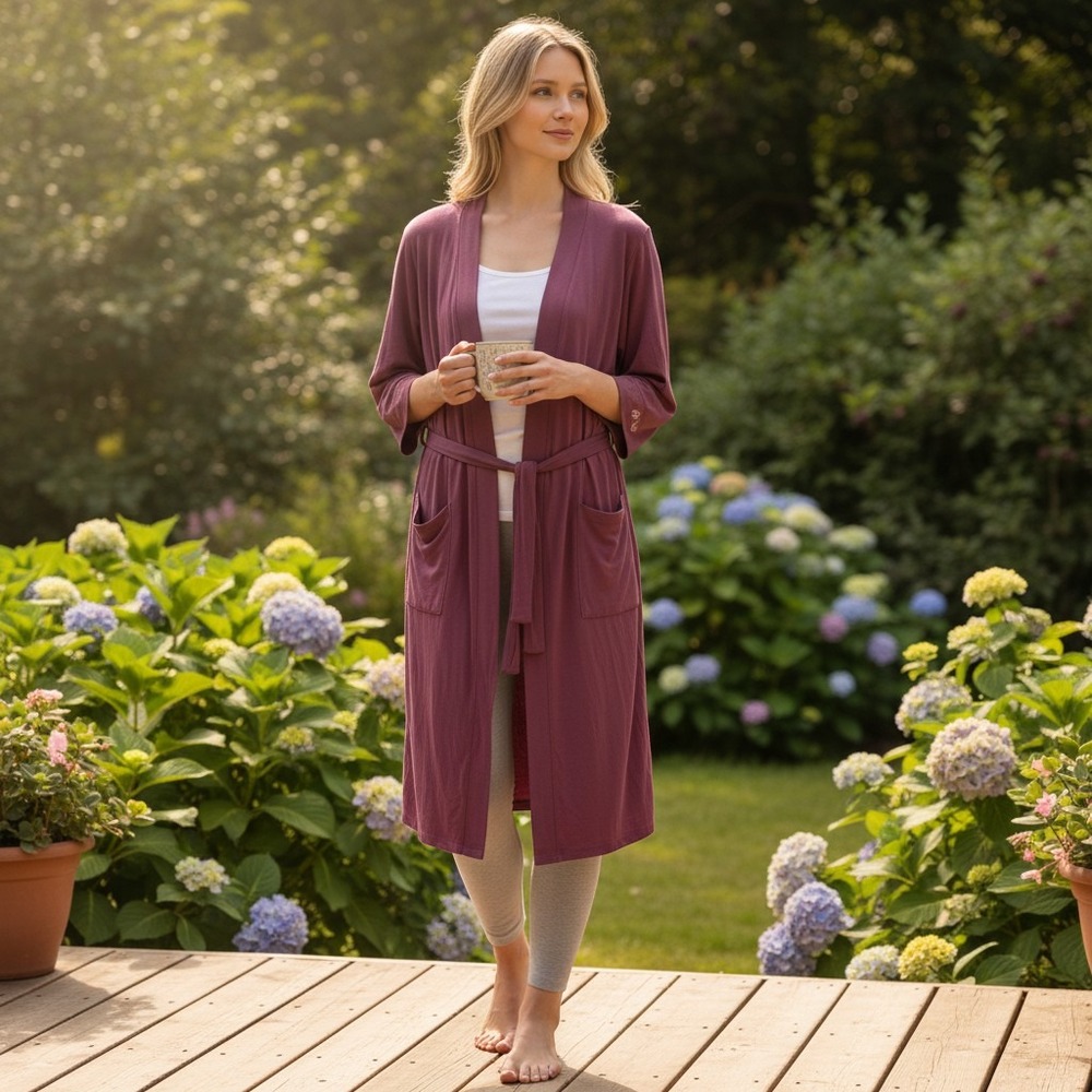 Earthly Threads Women Bamboo Viscose Robe Purple Belted Pockets Small Loungewear